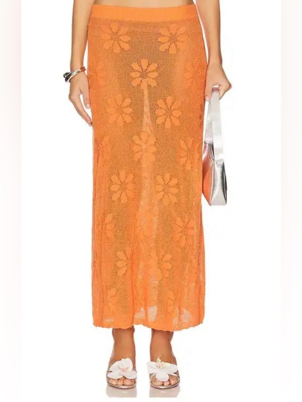 Asta Resort Bruna Crochet Maxi Skirt Sunset Orange Floral Knit Size M NWT - Picture 2 of 8